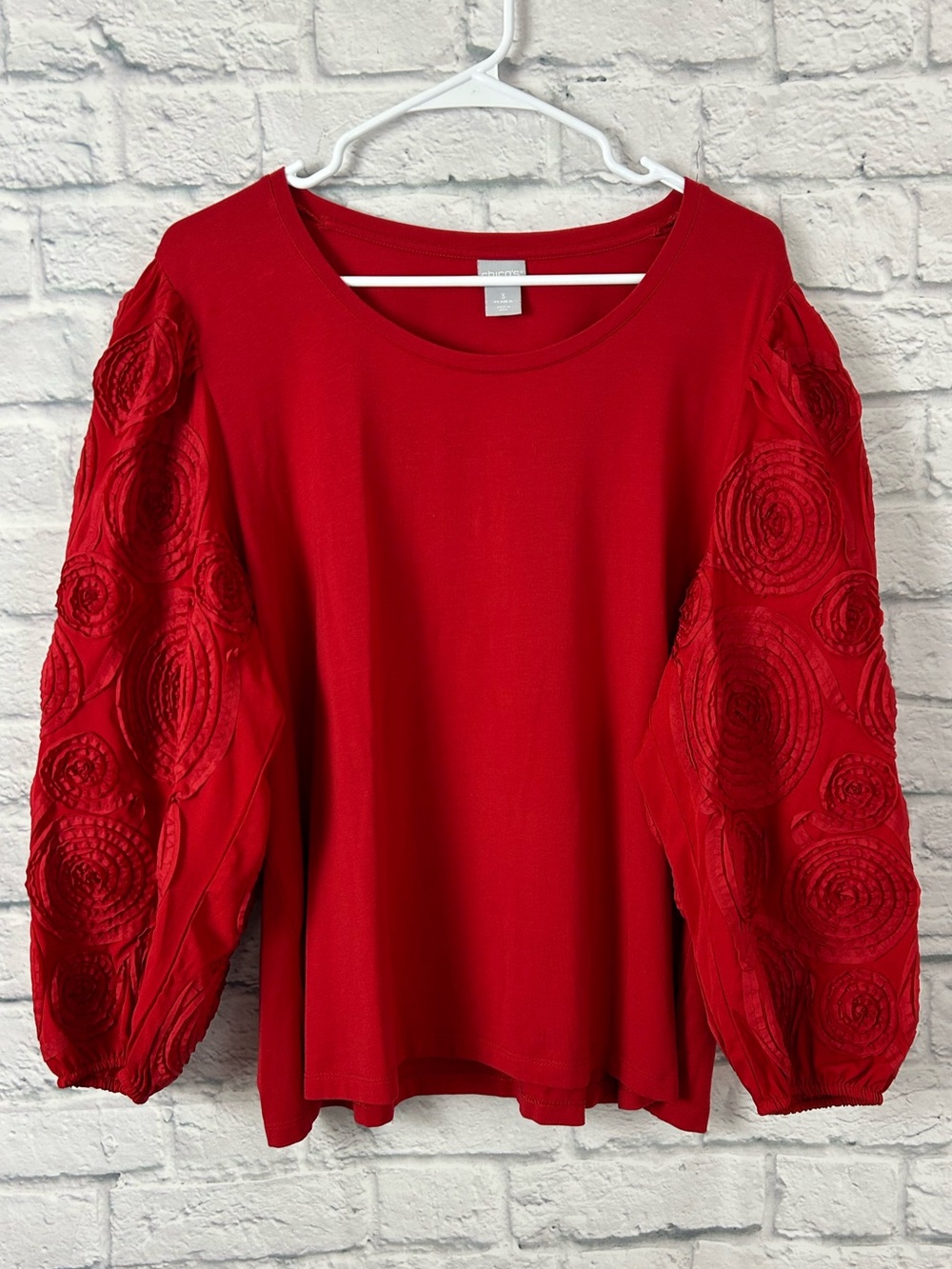 Chico’s Size 3/XL Red Pima Cotton Top Rosette Sheer Balloon Sleeve Blouse